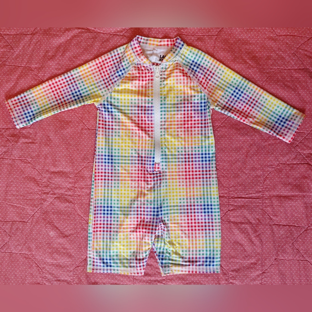 LIKE NEW Lands’ End 12-18m Baby Long Sleeve UPF 50 Swim Sunsuit, Rainbow Check